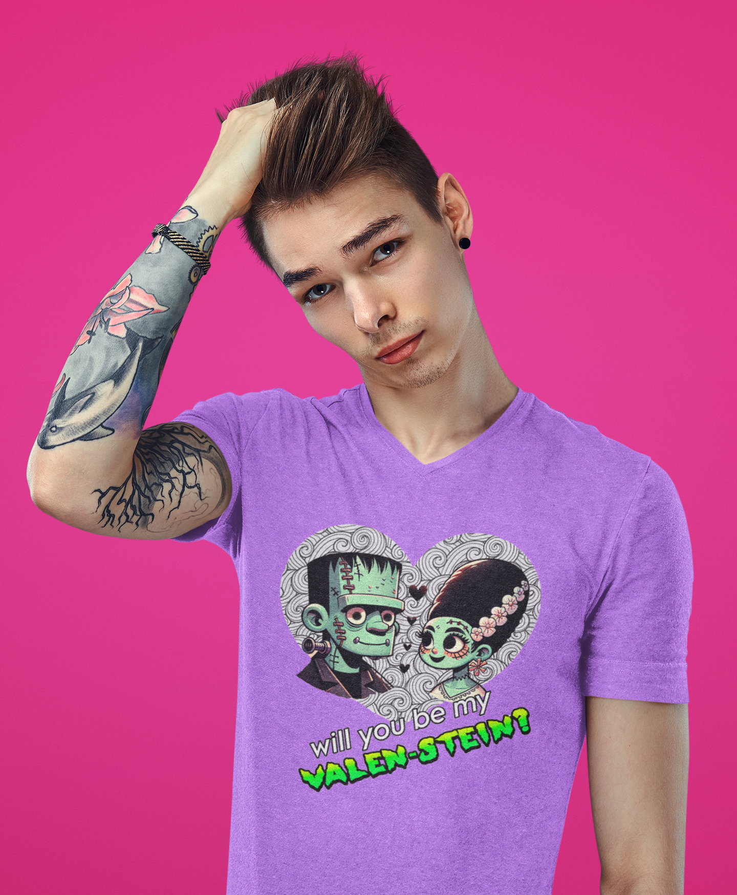 Camiseta "Will You Be My Valen-Stein?" - Amor Monstruosamente Divertido 💚